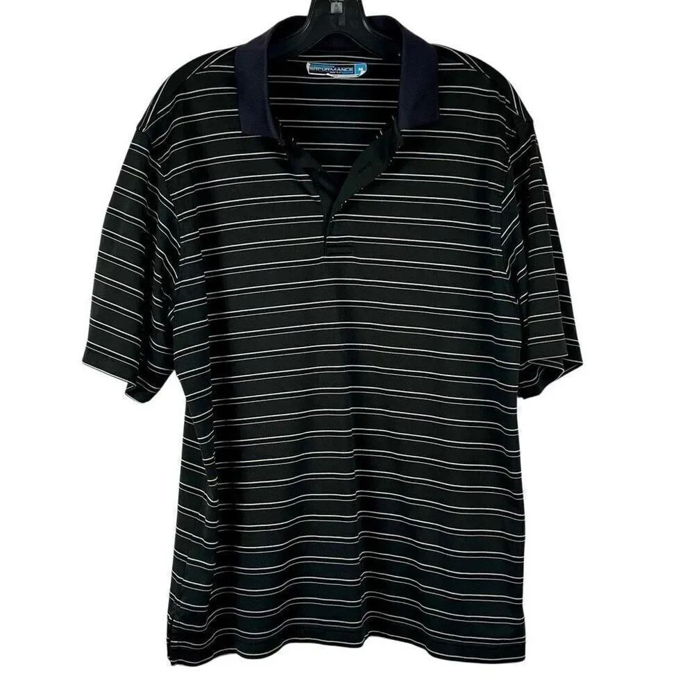 Roundtree & Yorke Performance Striped Polo Black White Medium